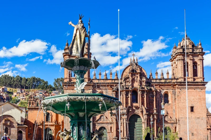 Cusco Plaza De Armas Pachacutec Fountain Cathedral