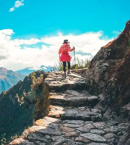 Hiker Red Jacket Inca Trail Steps