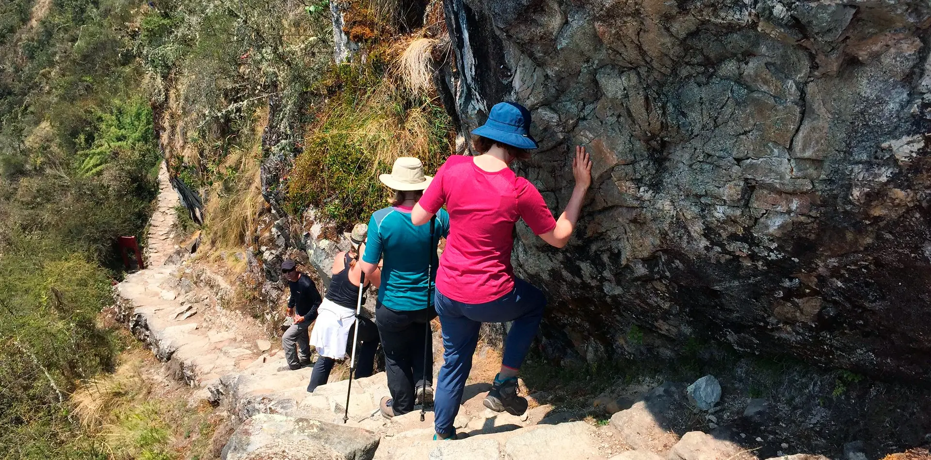 Hikers Climbing Rocky Inca Trail Steps