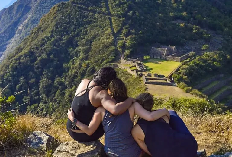 Hikers Embrace Overlook Inca Ruins